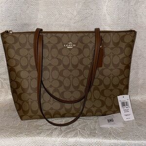 New Coach Khaki & Saddle Signature Zip Tote Bag